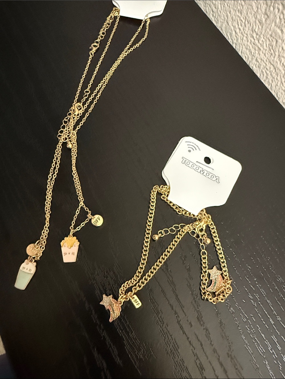 Gold Tone Layered Charm Necklace and Bracelet Set - BFF